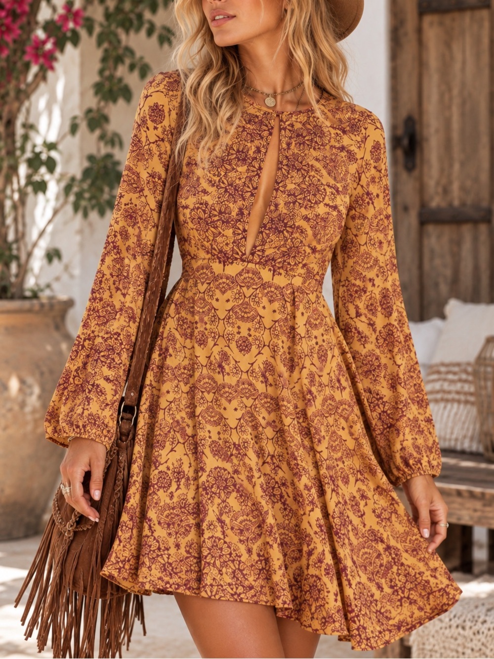 Ecote Mustard and Rust Floral Long Sleeve Mini Dress